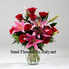 Lilies And Rose In A Vase Including Seasonal Fillers Delivered in Italy