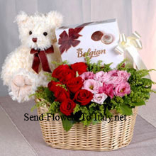 Basket Of Red And Pink Roses, A Box Of Chooclate And A Cute Teddy Bear Delivered in Italy
