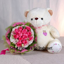 Bunch Of 11 Pink Roses And A Medium Sized Cute Teddy Bear Delivered in Italy