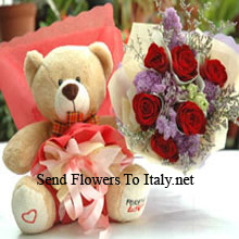 Bunch Of 7 Red Roses And A Medium Sized Cute Teddy Bear Delivered in Italy
