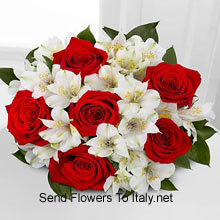 Bunch Of 7 Red Roses And Seasonal White Flowers Delivered in Italy