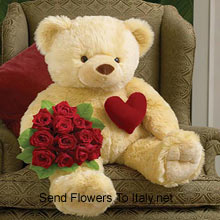 Bunch Of 11 Red Roses With A 32 Inches Tall Teddy Bear Delivered in Italy