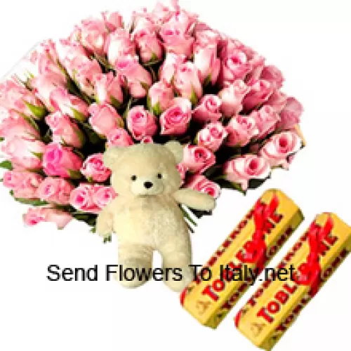 Bunch Of 75 Pink Roses With Seasonal Fillers, A Cute Teddy Bear And Toblerone Chocolate Bars