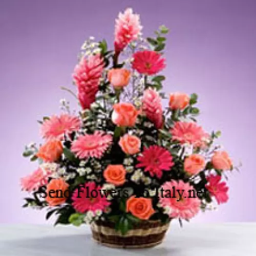 Basket Of Assorted Flowers Including Gerberas, Roses and Seasonal Fillers