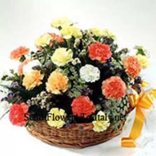 Basket Of 25 Mixed Colored Carnations With Seasonal Fillers