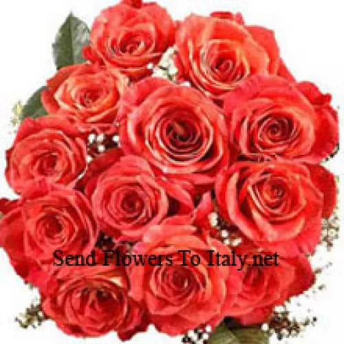 Bouquet de 11 roses orange avec garniture saisonnière