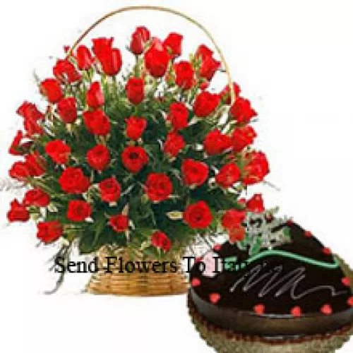 A Basket Of 51 Red Roses With Seasonal Fillers And A 1 Kg (2.2 Lbs) Heart Shaped Chocolate Truffle Cake