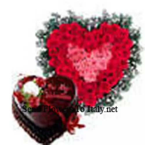 Heart Shaped Arrangement Of 51 Red Roses And A 1 Kg (2.2 Lbs) Chocolate Truffle Cake