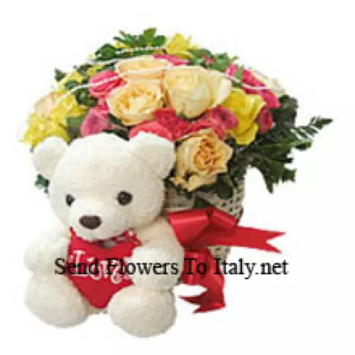 Basket Of 25 Mixed Colored Roses With A Medium Sized Cute Teddy Bear