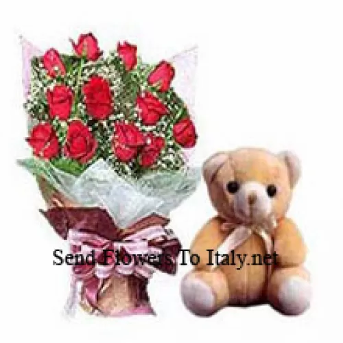 Bunch Of 12 Red Roses With Fillers And A Small Cute Teddy Bear