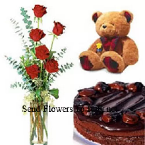 7 Red Roses In A Vase With 1/2 Kg (1.1 Lbs) Chocolate Cake and a Medium Sized Cute Teddy Bear