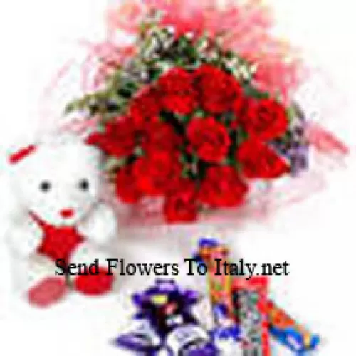 Bouquet de 11 roses rouges avec chocolats assortis et un ours en peluche mignon