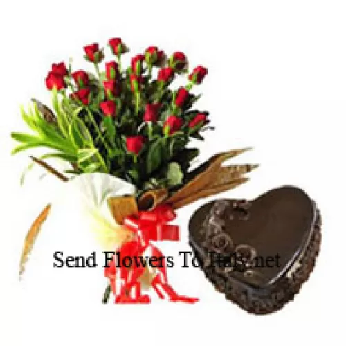 Bunch Of 25 Red Roses With 1 Kg Heart Shaped Chocolate Cake