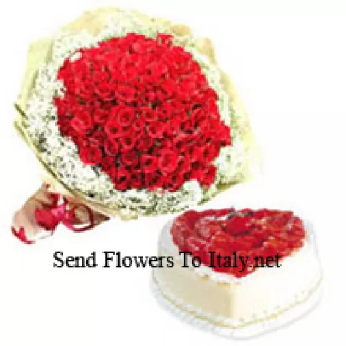 Bunch Of 101 Red Roses With Seasonal Fillers And 1 Kg Heart Shaped Pineapple Cake