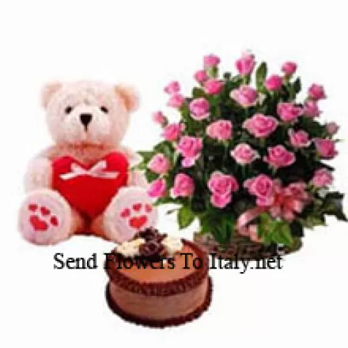 Basket Of 25 Pink Roses, 1.5 Feet Teddy Bear And 1 Kg Chocolate Truffle Cake