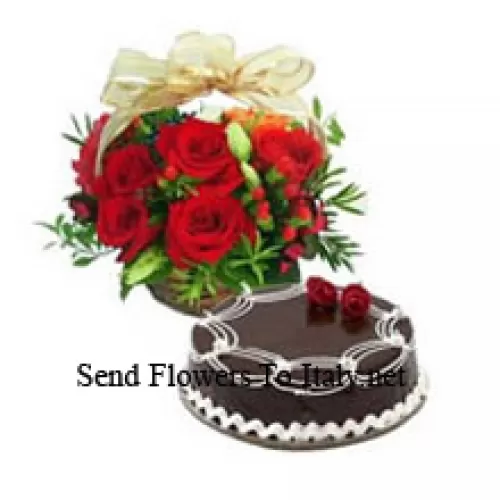 Basket Of 11 Red Roses With 1 Kg Chocolate Truffle Cake