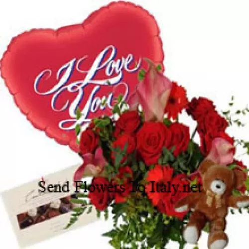 Bunch Of Red Gerberas And Red Roses, I Love Your Balloon, Cute Teddy Bear And A Box Of Chocolate