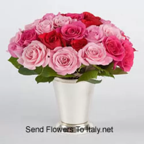 25 Mixed Colored Roses With Seasonal Fillers In A Glass Vase