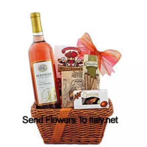 This Gift Basket includes Beringer White Zinfandel Blush Wine, Guylian Belgian chocolate shells, Dolcetto filled wafer rolls, Brent & Sam’s raspberry chocolate chip cookies and East Shore Specialty honey wheat pretzels. (Contents of basket including wine may vary by season and delivery location. In case of unavailability of a certain product we will substitute the same with a product of equal or higher value)
