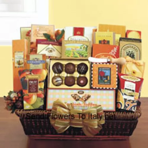 Our Easter Gift Basket is perfect when you need to send a large gift and insure there is plenty of variety for her to enjoy. Our wicker tray basket is brimming with gourmet goodies that she will appreciate, like California smoked almonds, Lindt truffles, a Ghirardelli caramel chocolate bar, Dolcetto wafer cookies, dried fruit, cashew crunch, cheese straws, carrot cake cookies, breadsticks, cheese, a cheese knife, crackers, English toffee, cookies, English tea cookies, toffee pretzels, toffee almonds, LeGrand truffles, and cappuccino mix. (Please Note That We Reserve The Right To Substitute Any Product With A Suitable Product Of Equal Value In Case Of Non-Availability Of A Certain Product)